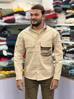 Men’s Beige Casual Cotton Shirt with Contrast Designer Pocket – Premium Smart Casual Shirt