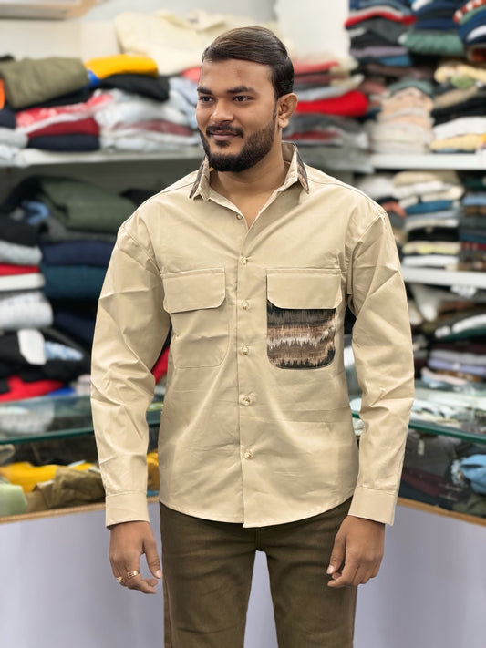Men’s Beige Casual Cotton Shirt with Contrast Designer Pocket – Premium Smart Casual Shirt