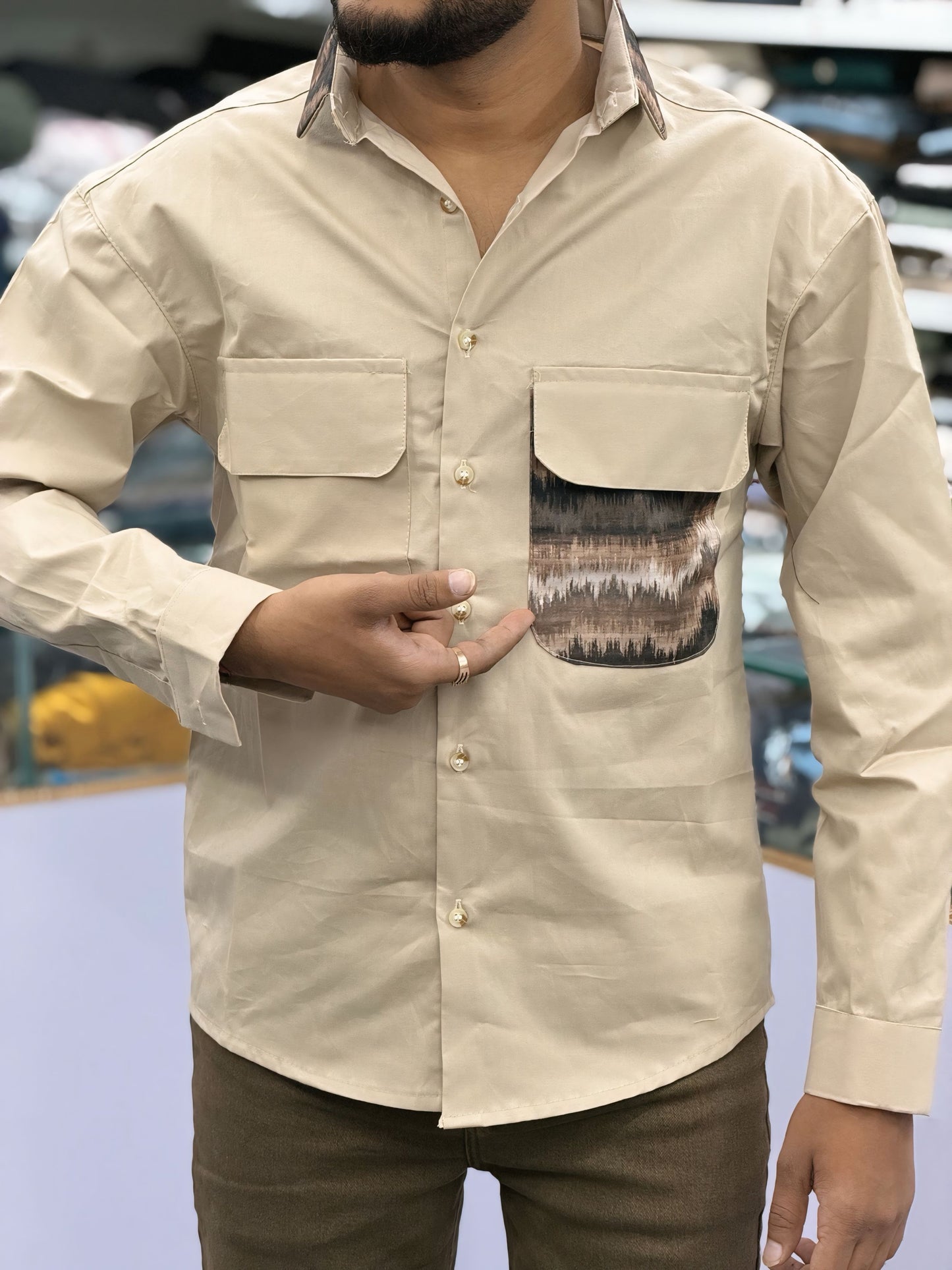 Men’s Beige Casual Cotton Shirt with Contrast Designer Pocket – Premium Smart Casual Shirt