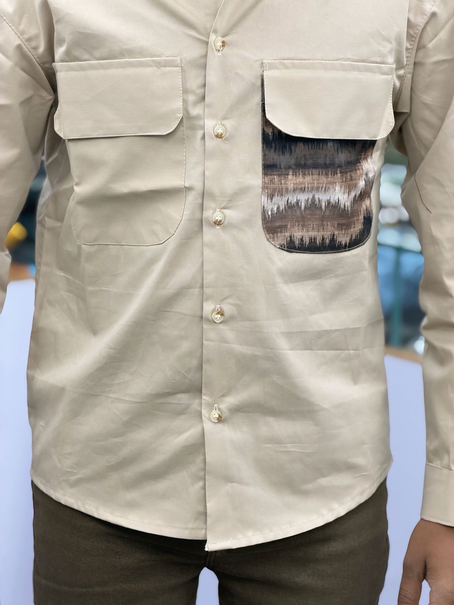 Men’s Beige Casual Cotton Shirt with Contrast Designer Pocket – Premium Smart Casual Shirt