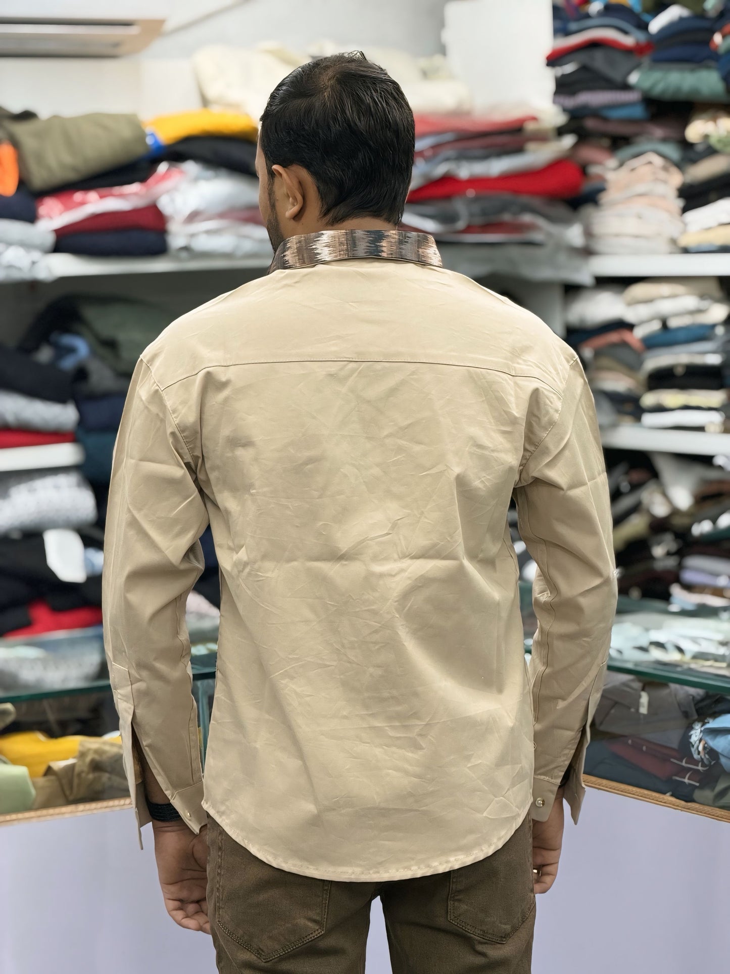 Men’s Beige Casual Cotton Shirt with Contrast Designer Pocket – Premium Smart Casual Shirt