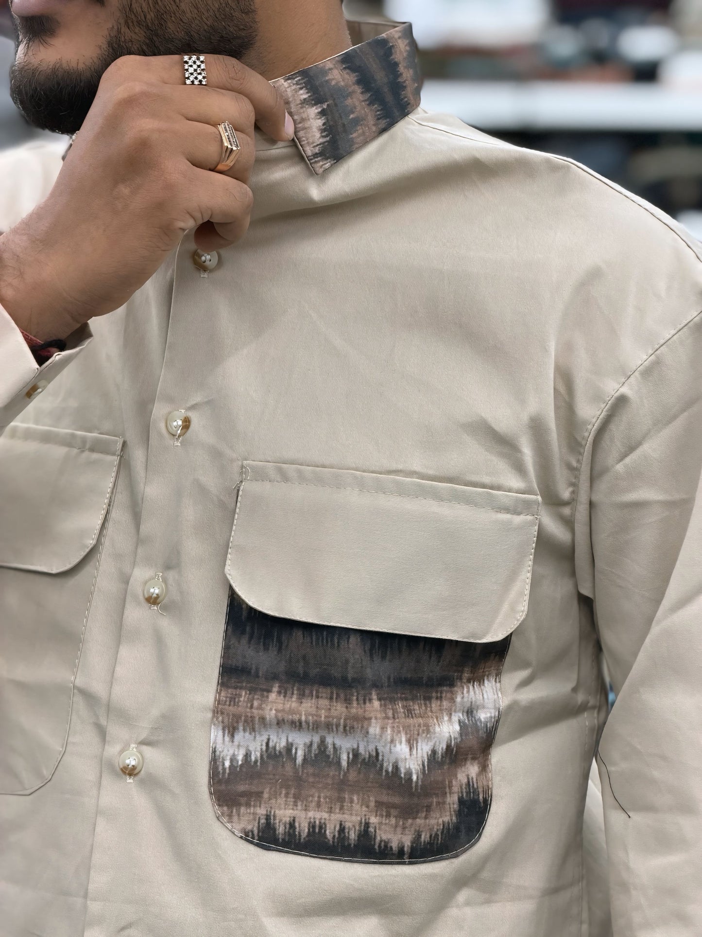 Men’s Beige Casual Cotton Shirt with Contrast Designer Pocket – Premium Smart Casual Shirt