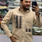 Men’s Beige Casual Cotton Shirt with Striped Designer Panels – Premium Stylish Smart Casual