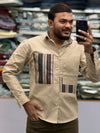 Men’s Beige Casual Cotton Shirt with Striped Designer Panels – Premium Stylish Smart Casual