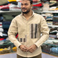 Men’s Beige Casual Cotton Shirt with Striped Designer Panels – Premium Stylish Smart Casual