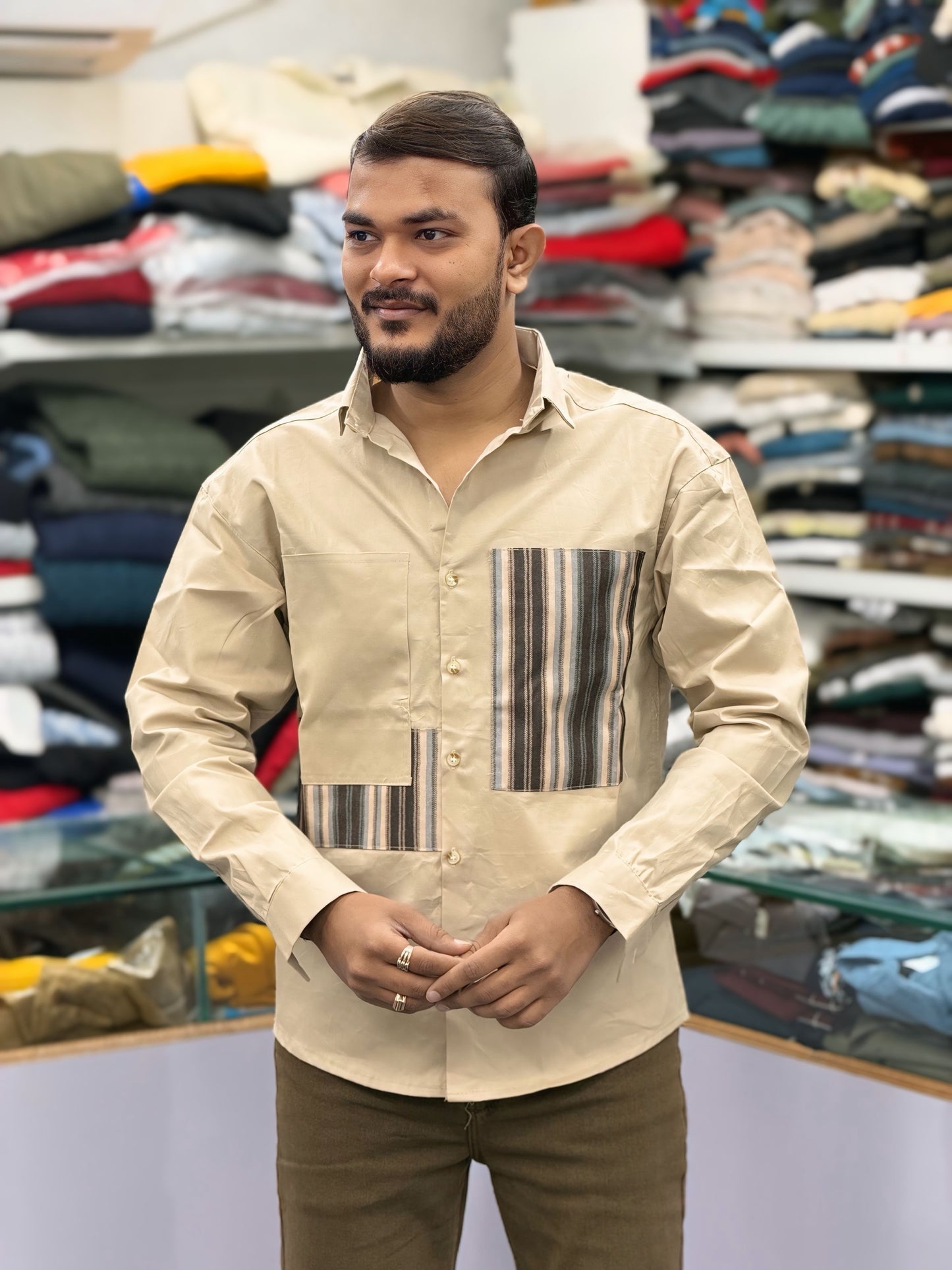Men’s Beige Casual Cotton Shirt with Striped Designer Panels – Premium Stylish Smart Casual