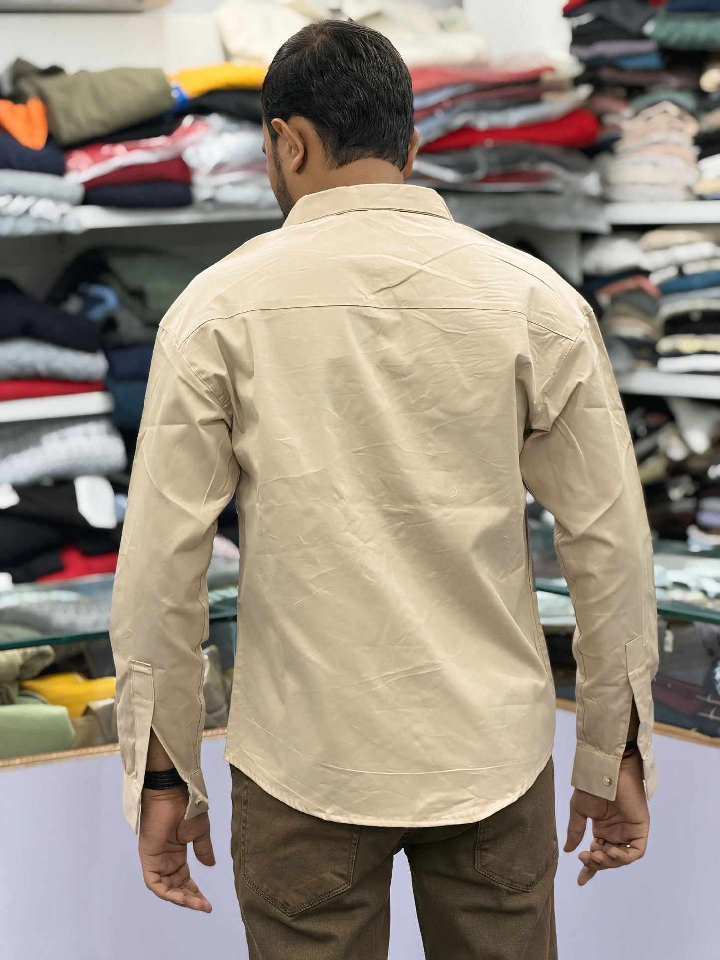 Men’s Beige Casual Cotton Shirt with Striped Designer Panels – Premium Stylish Smart Casual