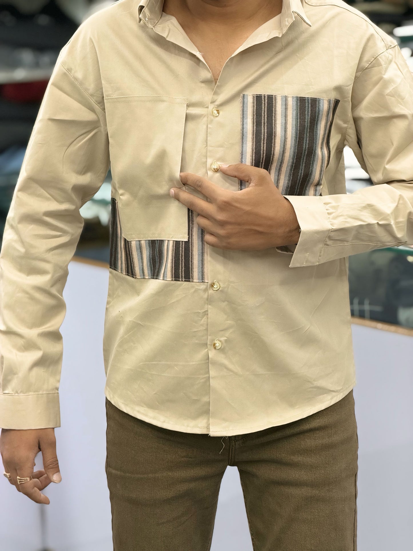 Men’s Beige Casual Cotton Shirt with Striped Designer Panels – Premium Stylish Smart Casual