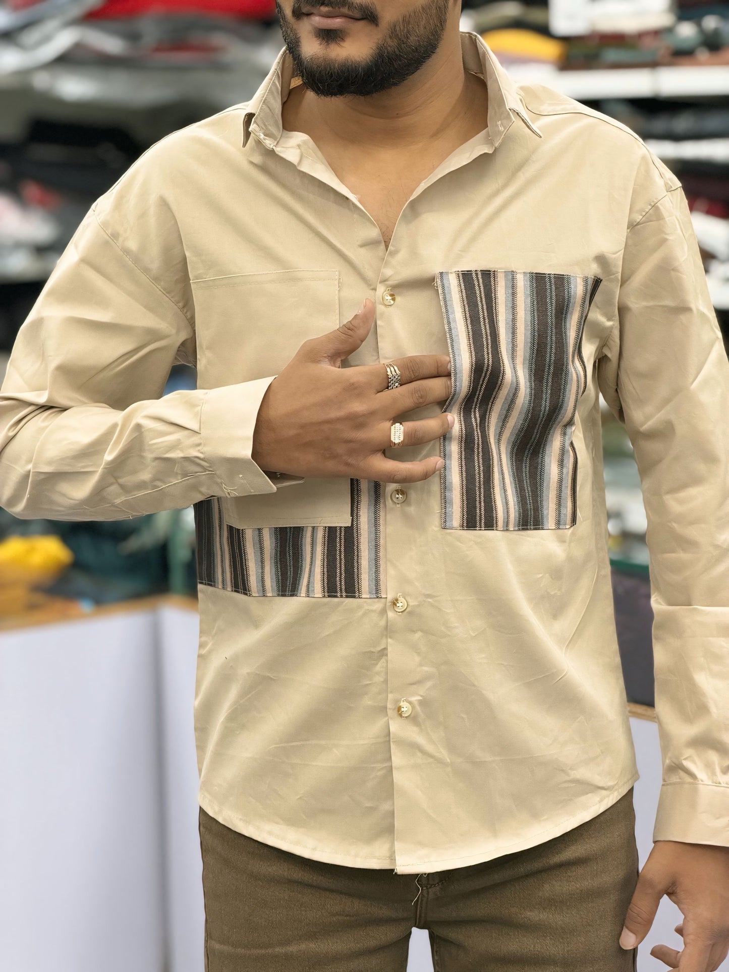 Men’s Beige Casual Cotton Shirt with Striped Designer Panels – Premium Stylish Smart Casual