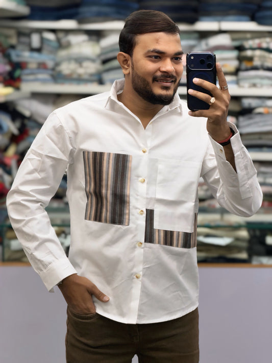 Men’s White Casual Cotton Shirt with Striped Designer Panels Shirts