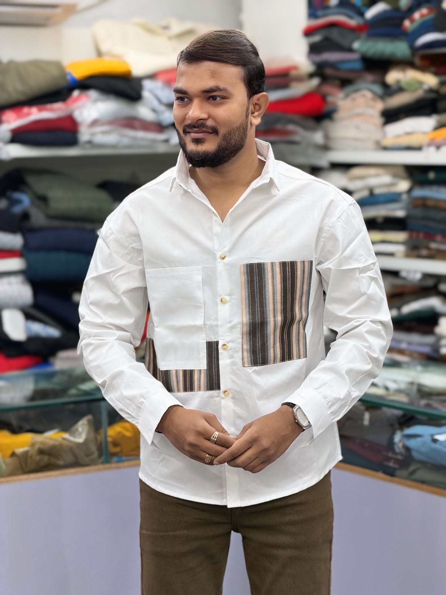 Men’s White Casual Cotton Shirt with Striped Designer Panels Shirts