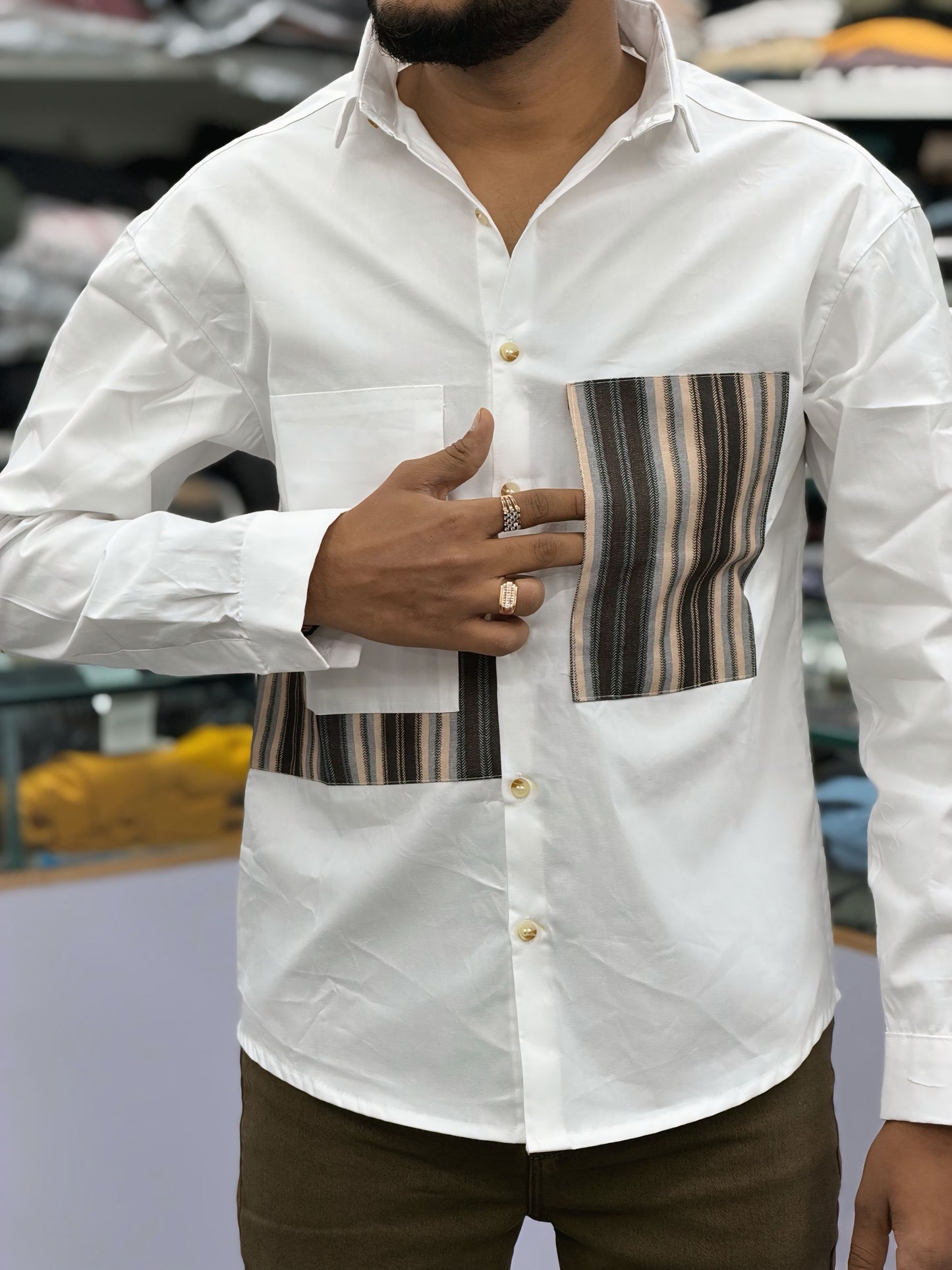 Men’s White Casual Cotton Shirt with Striped Designer Panels Shirts
