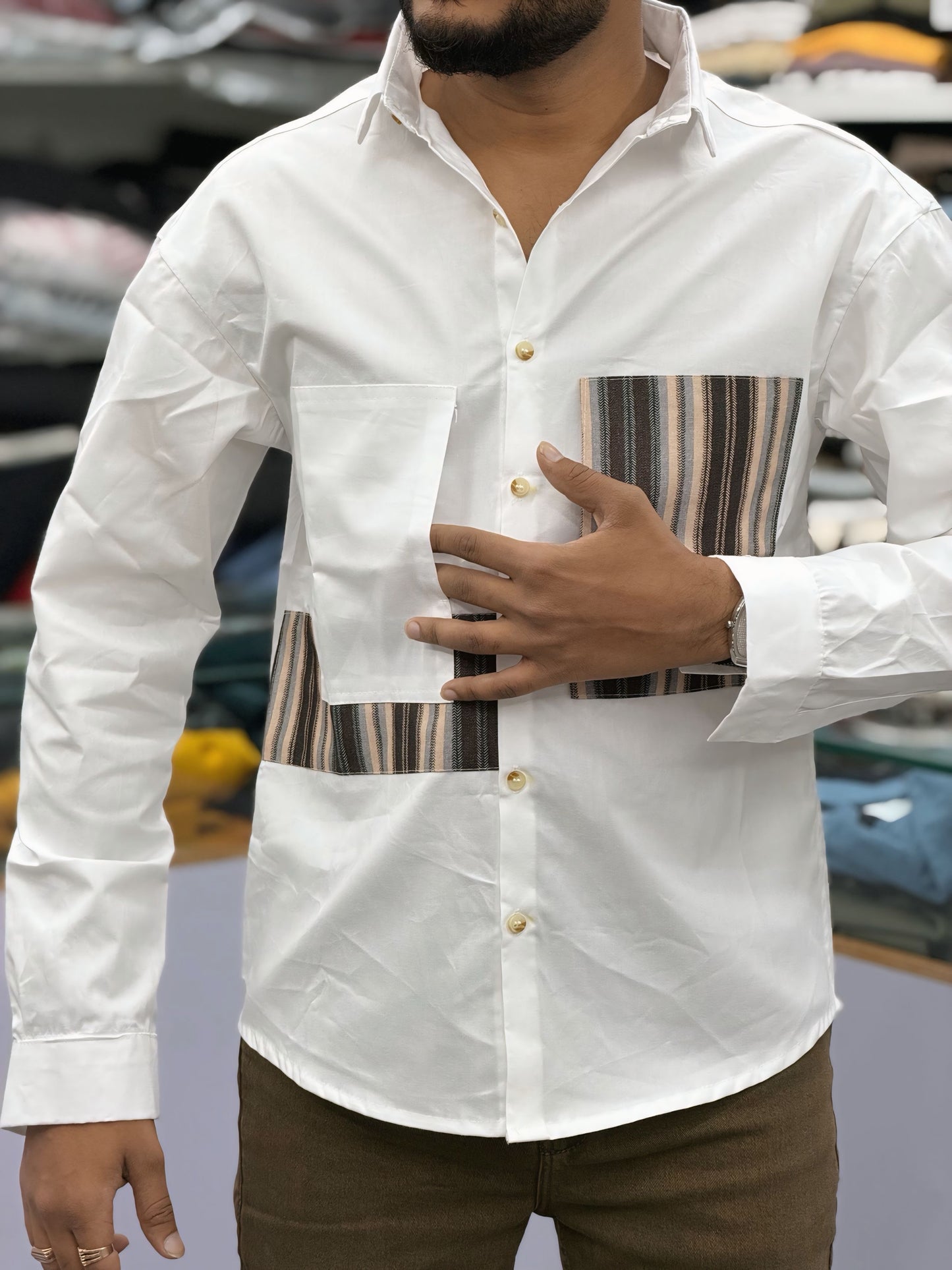 Men’s White Casual Cotton Shirt with Striped Designer Panels Shirts