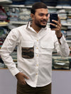 Men’s White Casual Cotton Shirt with Contrast Designer Pocket – Modern Stylish Shirt