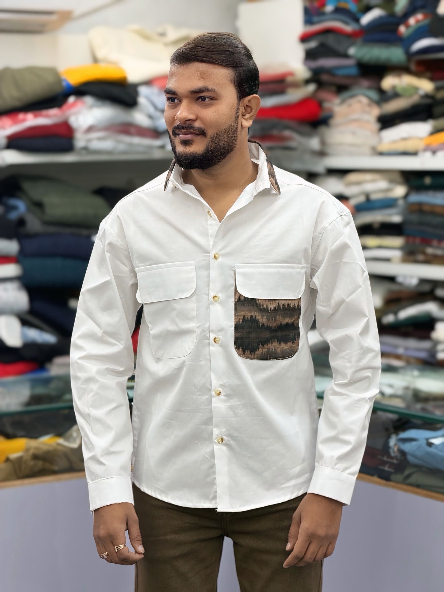 Men’s White Casual Cotton Shirt with Contrast Designer Pocket – Modern Stylish Shirt