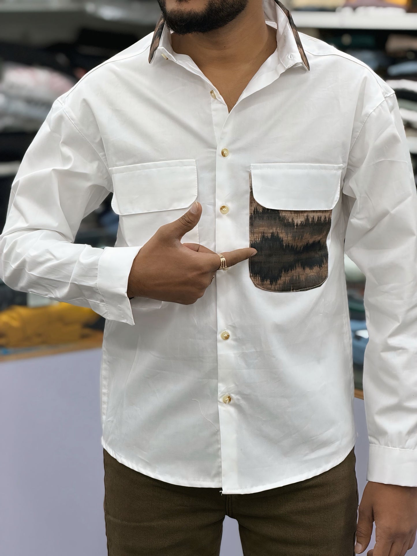 Men’s White Casual Cotton Shirt with Contrast Designer Pocket – Modern Stylish Shirt