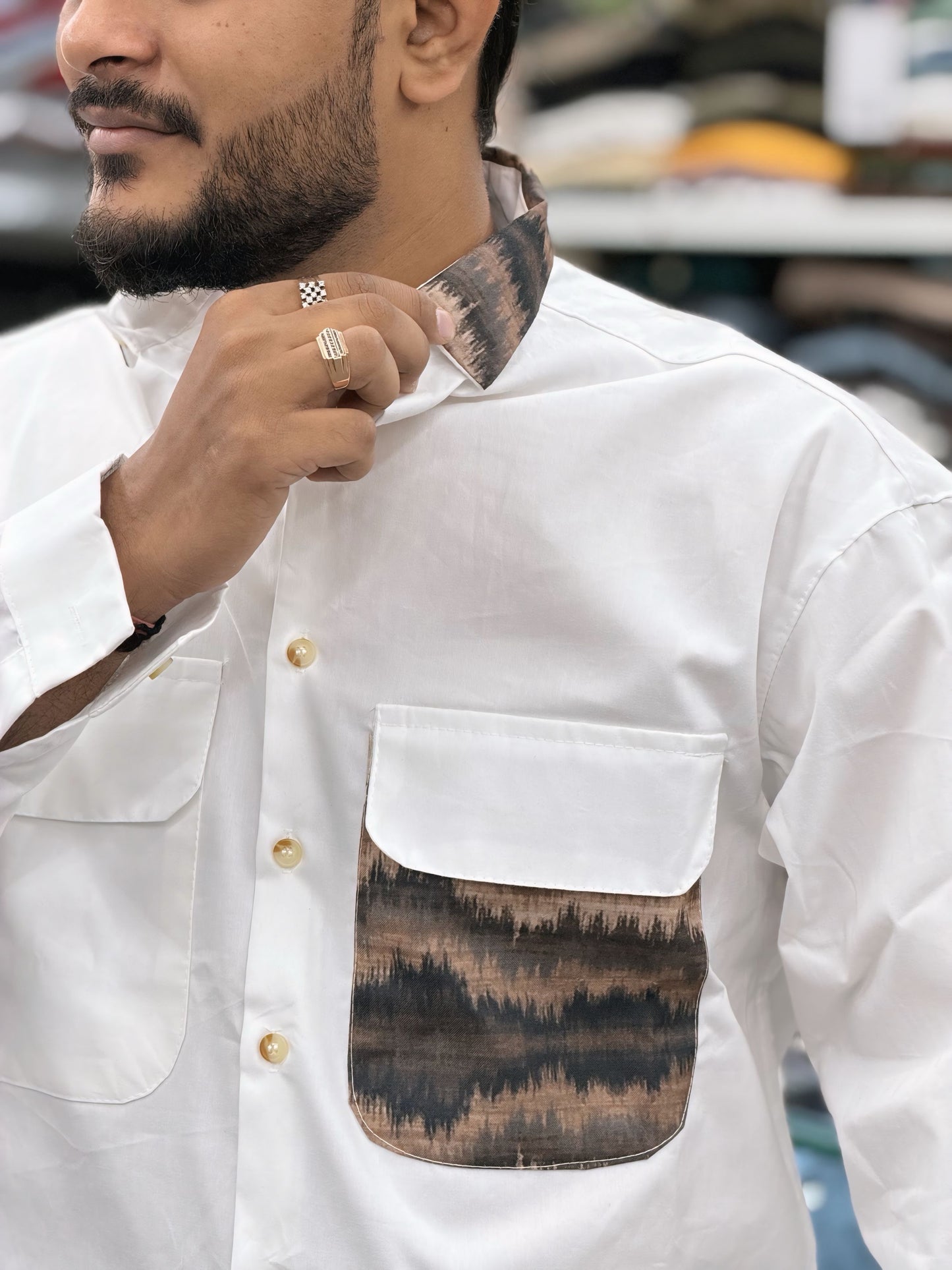 Men’s White Casual Cotton Shirt with Contrast Designer Pocket – Modern Stylish Shirt