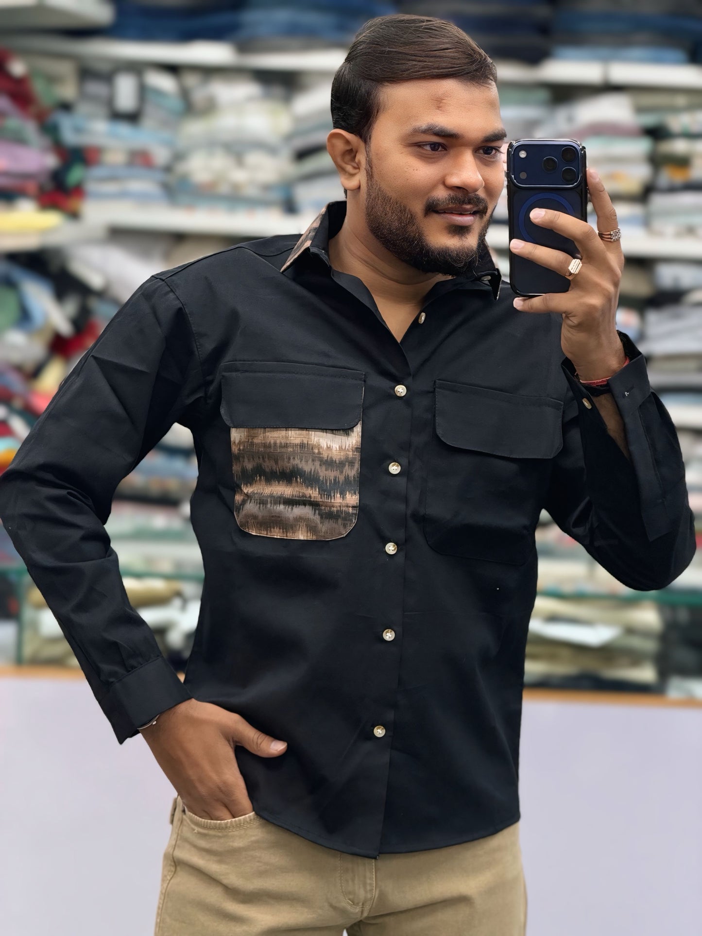 Men’s Black Casual Cotton Shirt with Contrast Printed Pocket – Modern Designer Shirt