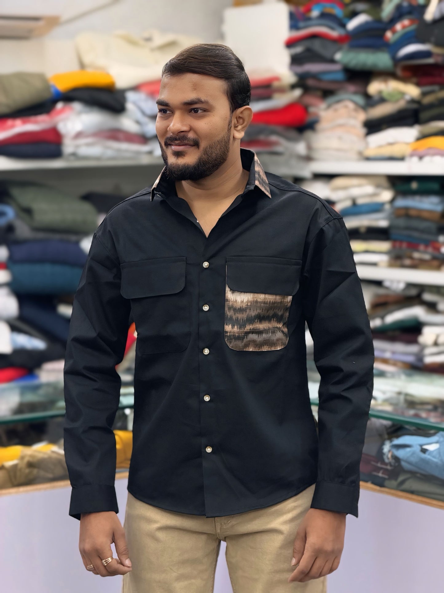 Men’s Black Casual Cotton Shirt with Contrast Printed Pocket – Modern Designer Shirt