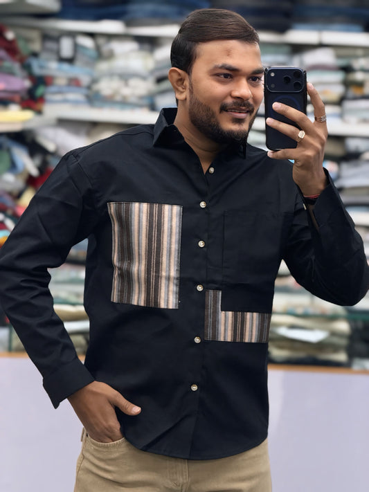 Men’s Black Casual Cotton Shirt with Striped Designer Panels – Modern Stylish Smart Casual Shirt