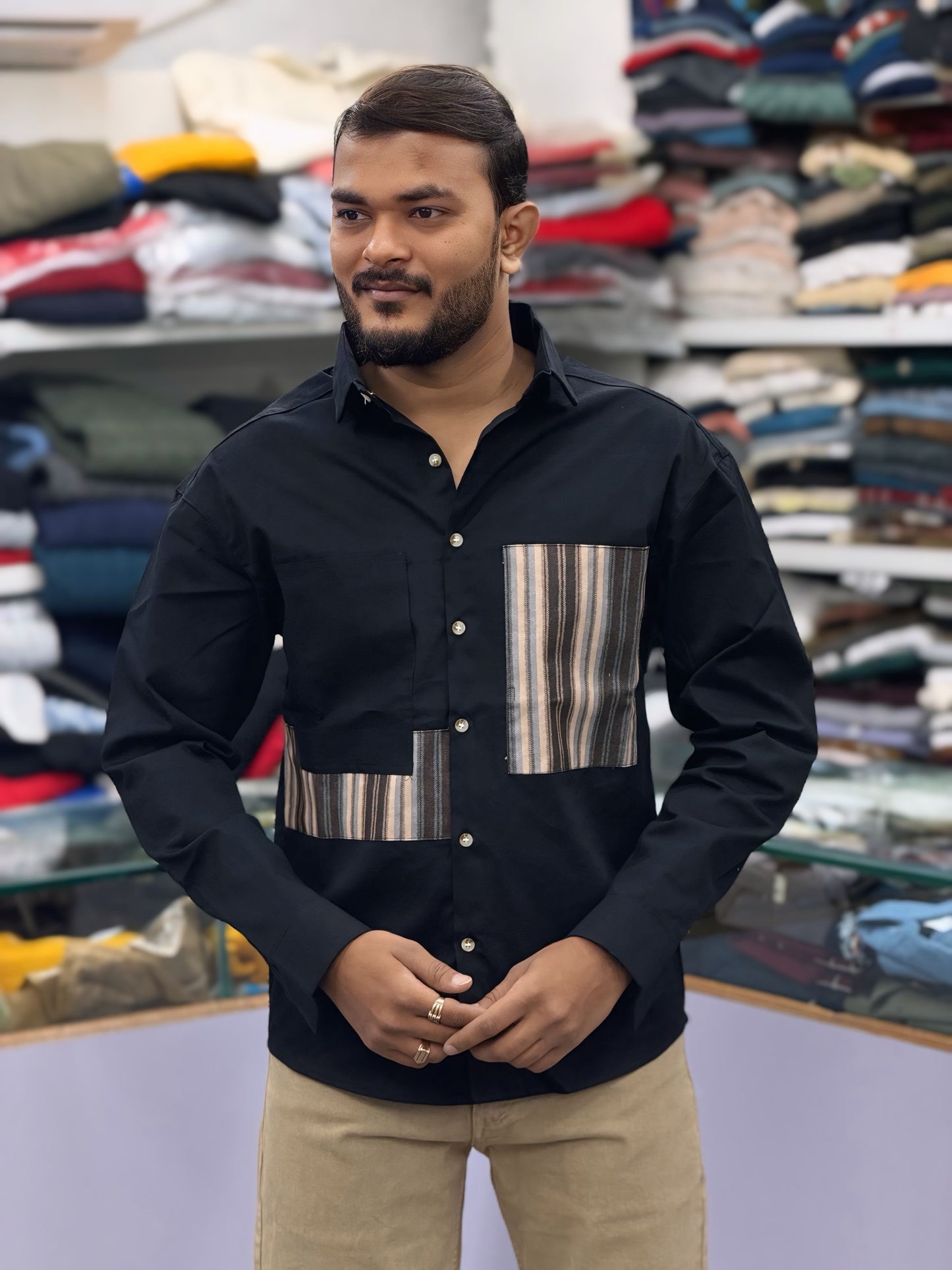 Men’s Black Casual Cotton Shirt with Striped Designer Panels – Modern Stylish Smart Casual Shirt