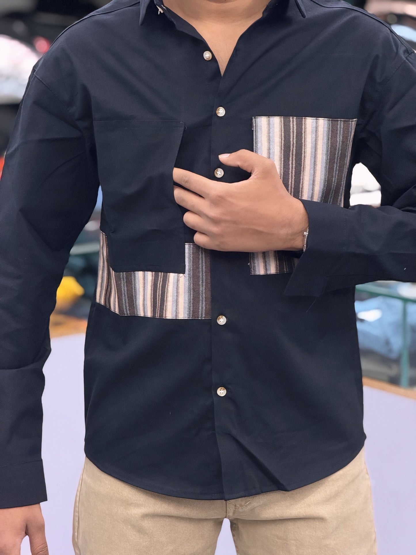 Men’s Black Casual Cotton Shirt with Striped Designer Panels – Modern Stylish Smart Casual Shirt