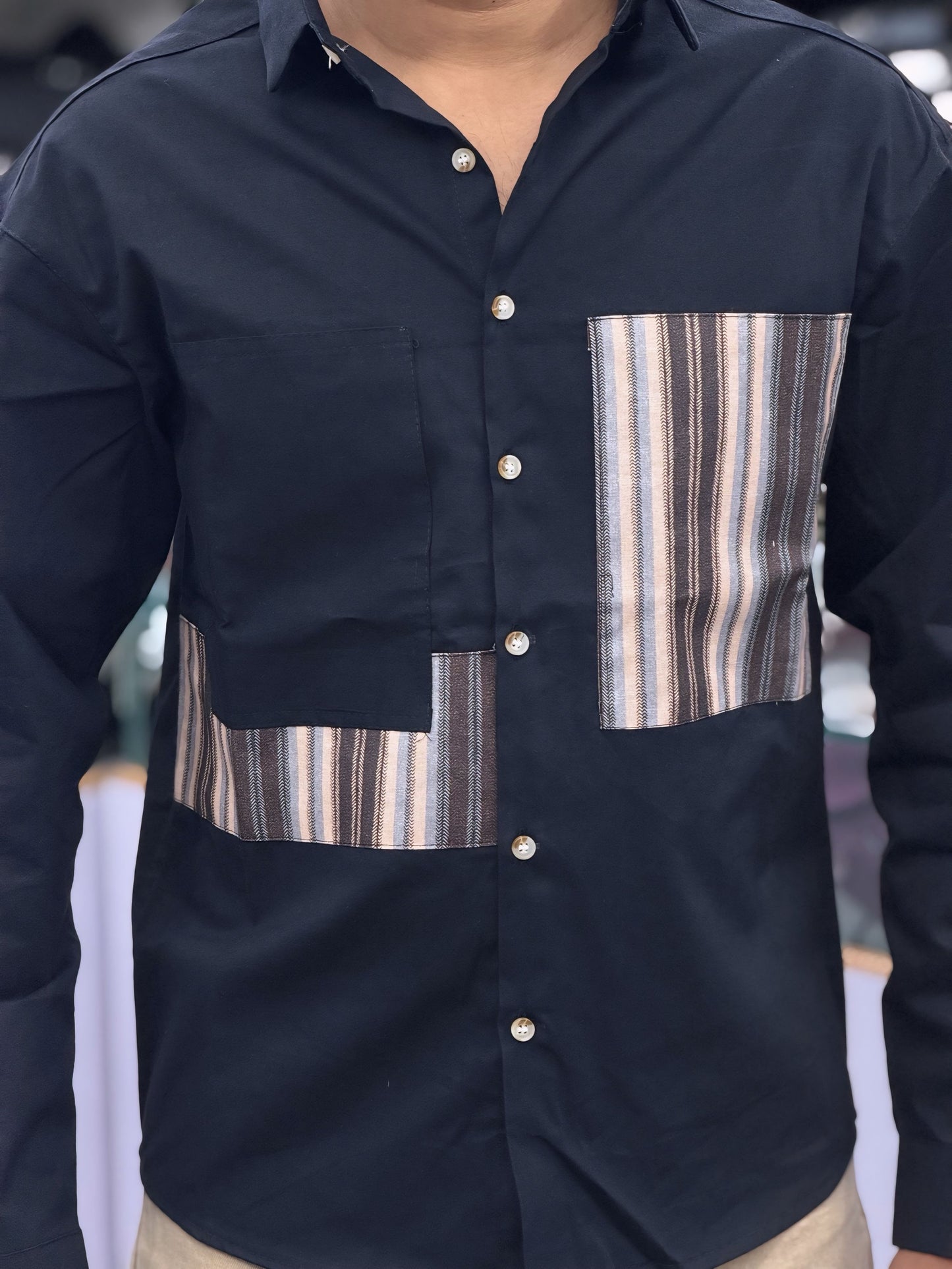 Men’s Black Casual Cotton Shirt with Striped Designer Panels – Modern Stylish Smart Casual Shirt