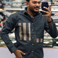 Men’s Dark Grey Casual Cotton Shirt with Striped Contrast Panels – Stylish Designer Shirt