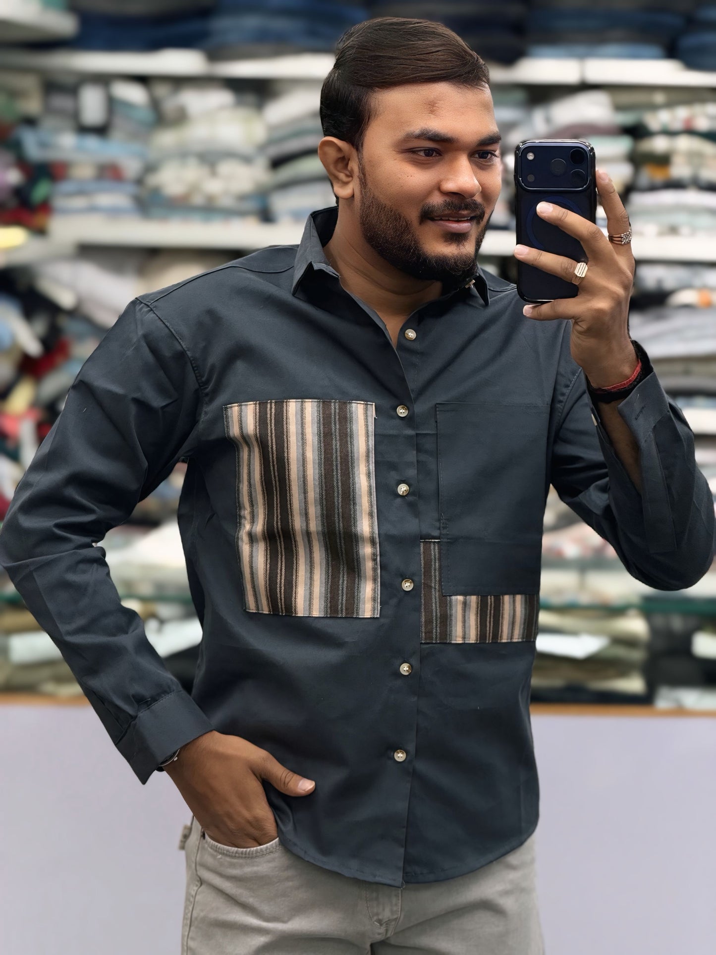 Men’s Dark Grey Casual Cotton Shirt with Striped Contrast Panels – Stylish Designer Shirt