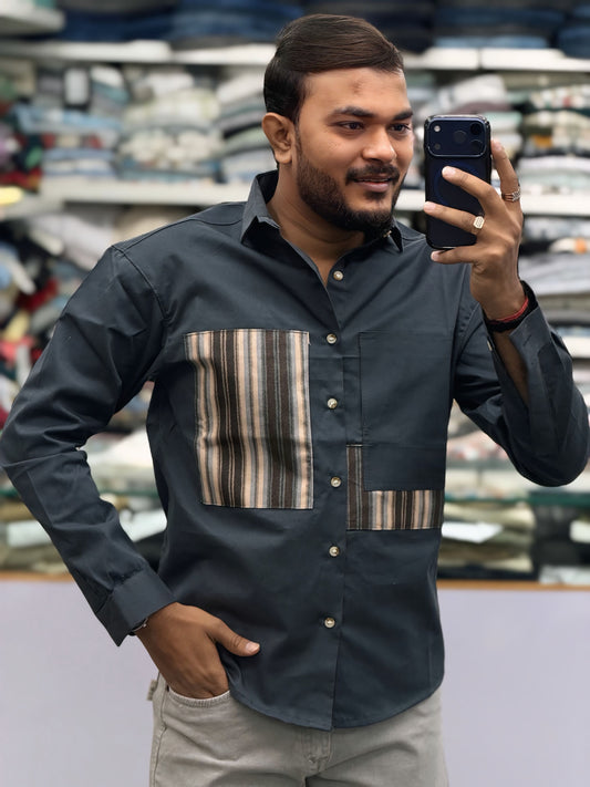 Men’s Dark Grey Casual Cotton Shirt with Striped Contrast Panels – Stylish Designer Shirt