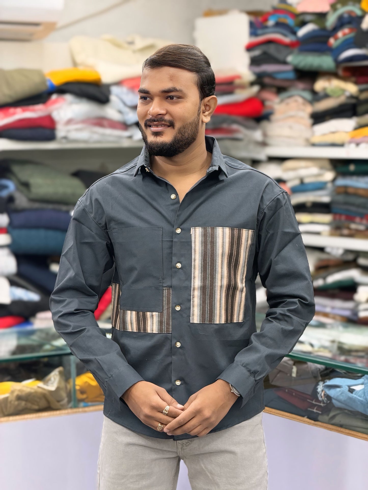 Men’s Dark Grey Casual Cotton Shirt with Striped Contrast Panels – Stylish Designer Shirt
