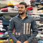 Men’s Dark Grey Casual Cotton Shirt with Striped Contrast Panels – Stylish Designer Shirt