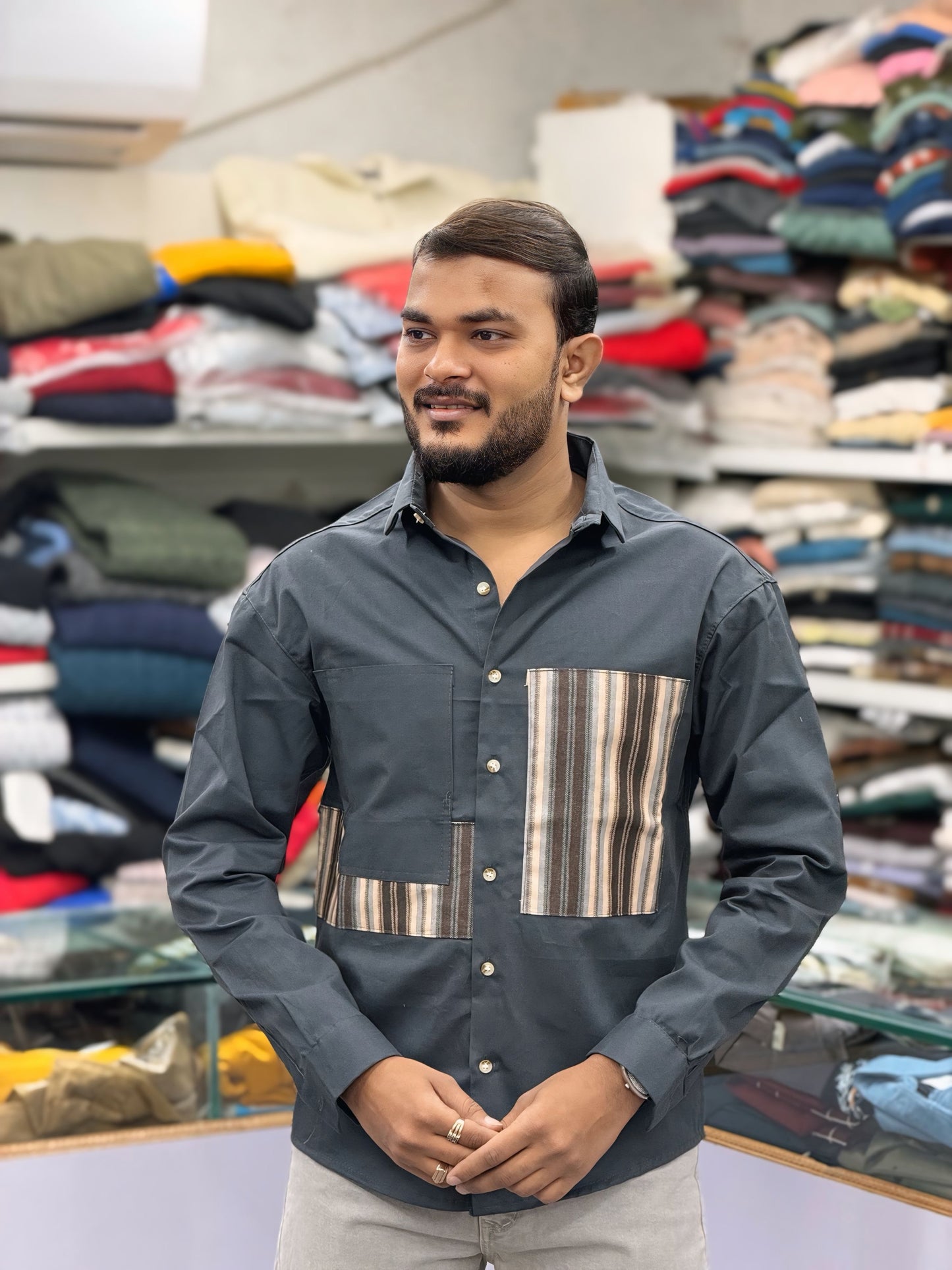 Men’s Dark Grey Casual Cotton Shirt with Striped Contrast Panels – Stylish Designer Shirt