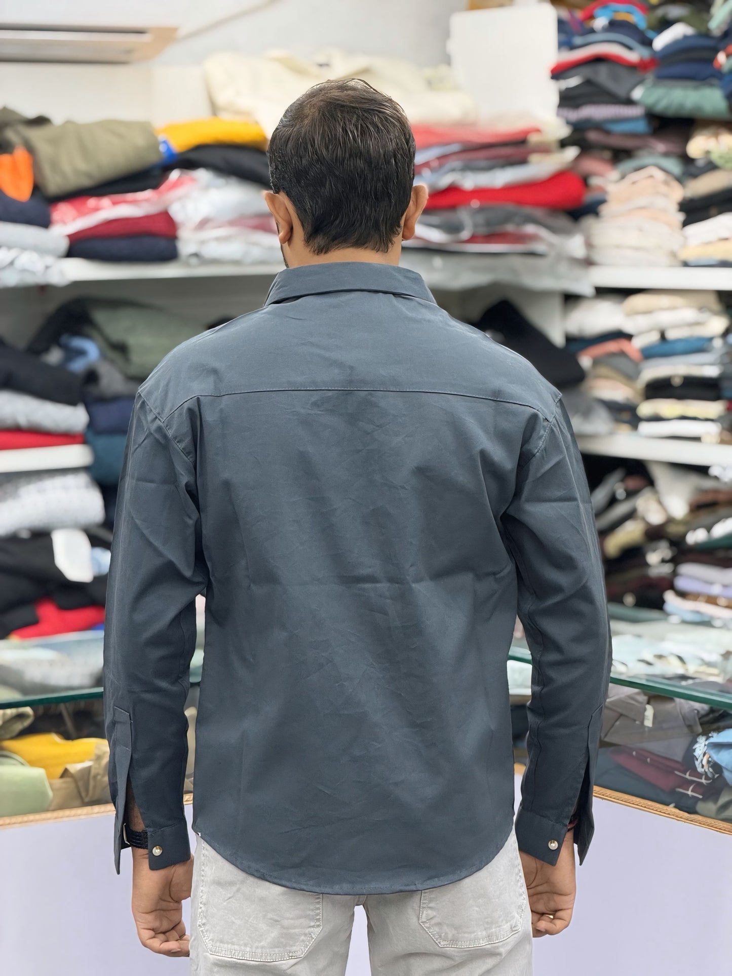 Men’s Dark Grey Casual Cotton Shirt with Striped Contrast Panels – Stylish Designer Shirt