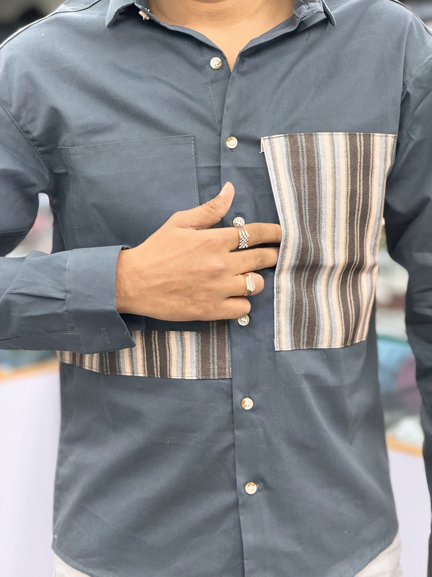 Men’s Dark Grey Casual Cotton Shirt with Striped Contrast Panels – Stylish Designer Shirt