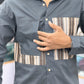 Men’s Dark Grey Casual Cotton Shirt with Striped Contrast Panels – Stylish Designer Shirt