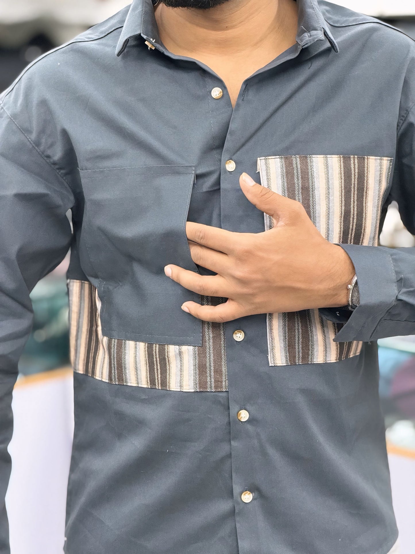 Men’s Dark Grey Casual Cotton Shirt with Striped Contrast Panels – Stylish Designer Shirt