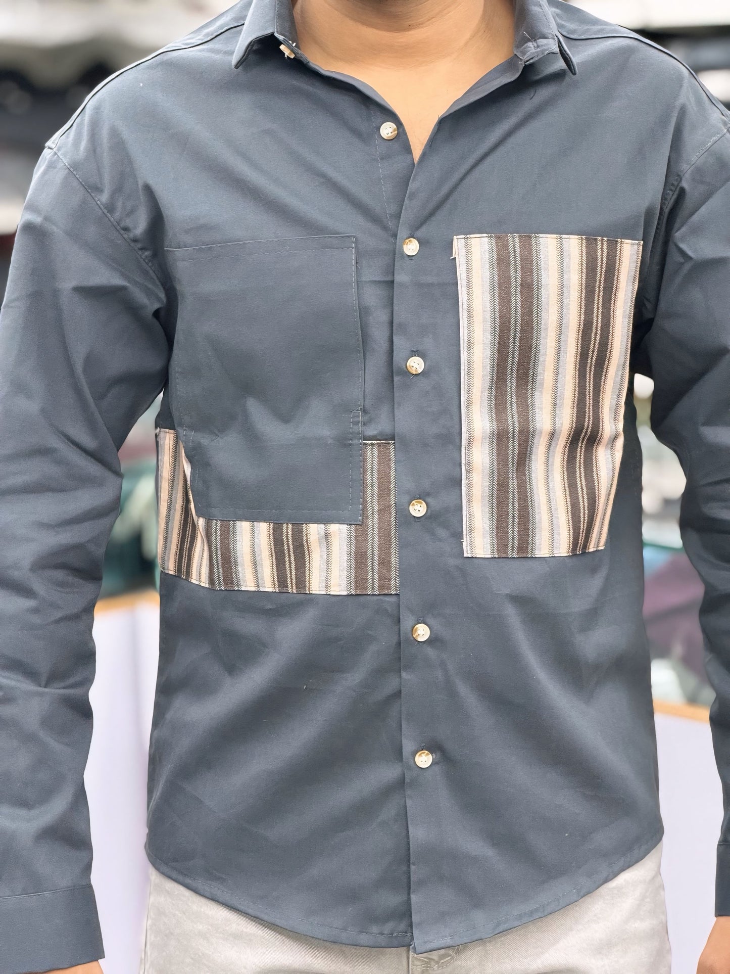 Men’s Dark Grey Casual Cotton Shirt with Striped Contrast Panels – Stylish Designer Shirt