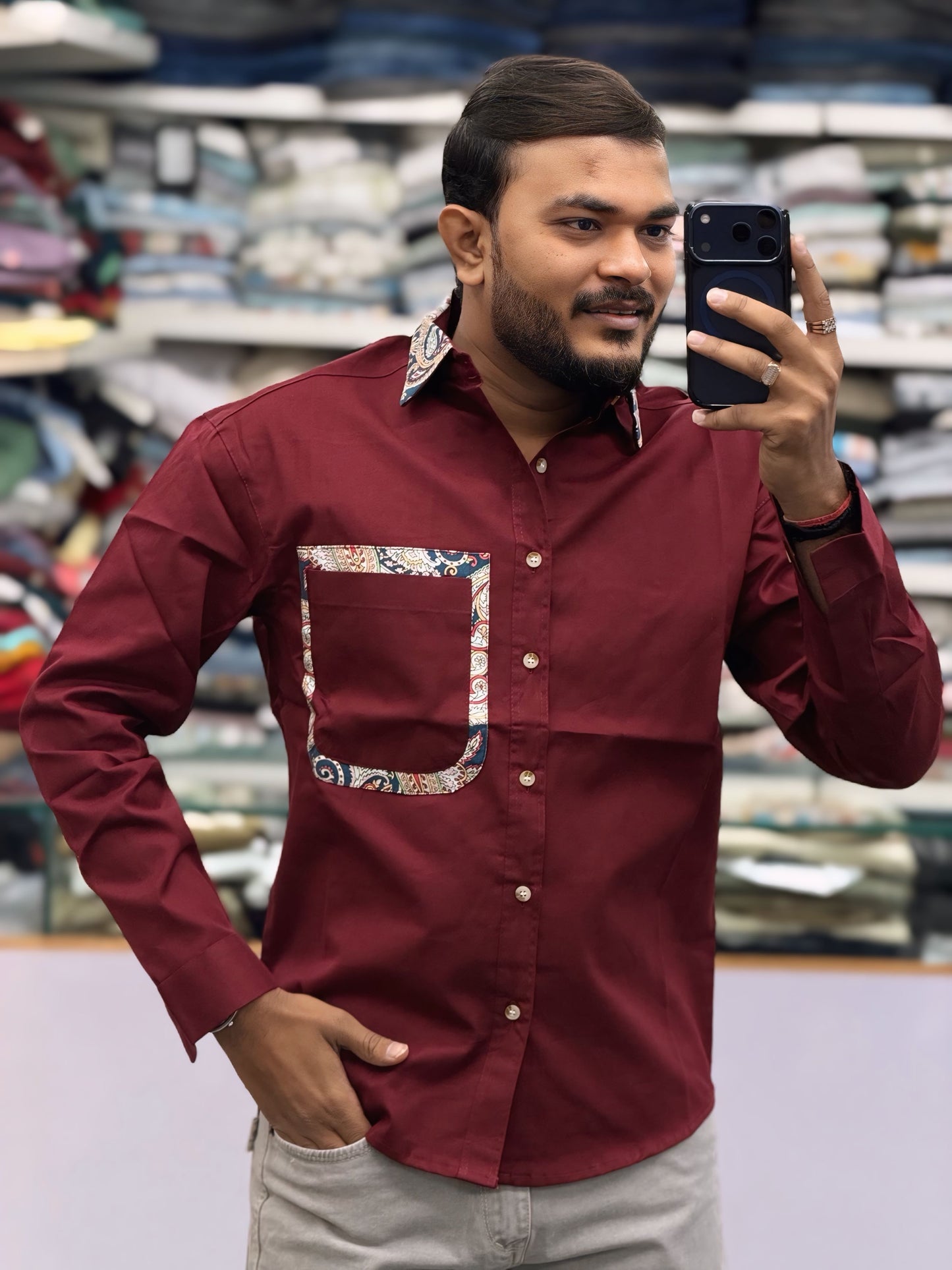 Men’s Maroon Casual Cotton Shirt with Paisley Contrast Pocket – Stylish Designer Shirt