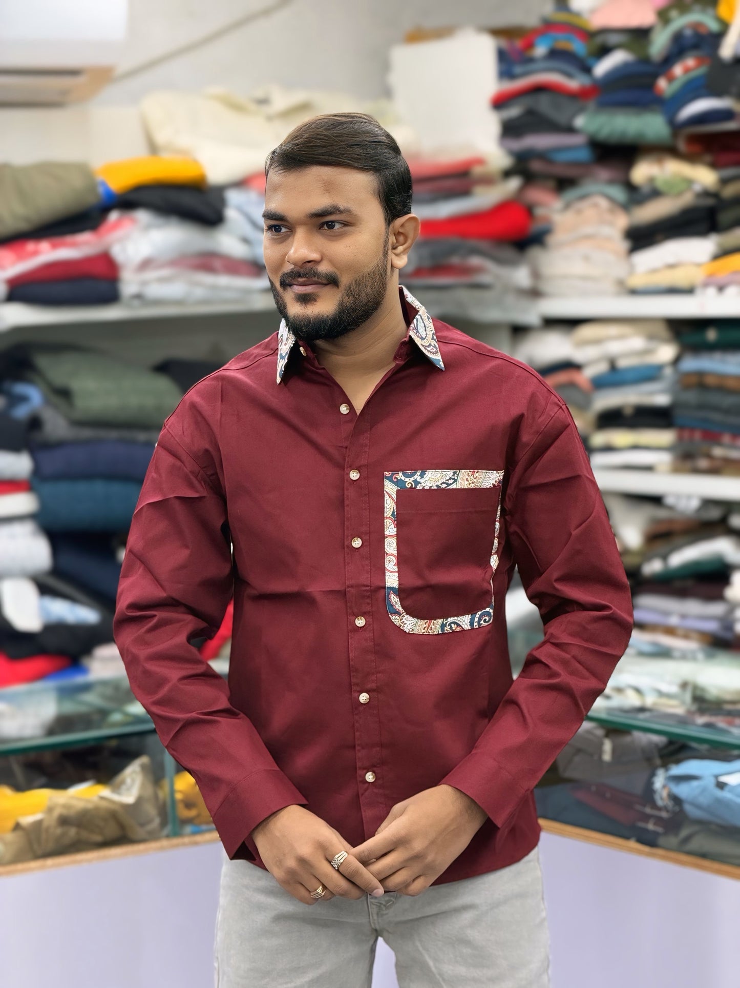 Men’s Maroon Casual Cotton Shirt with Paisley Contrast Pocket – Stylish Designer Shirt