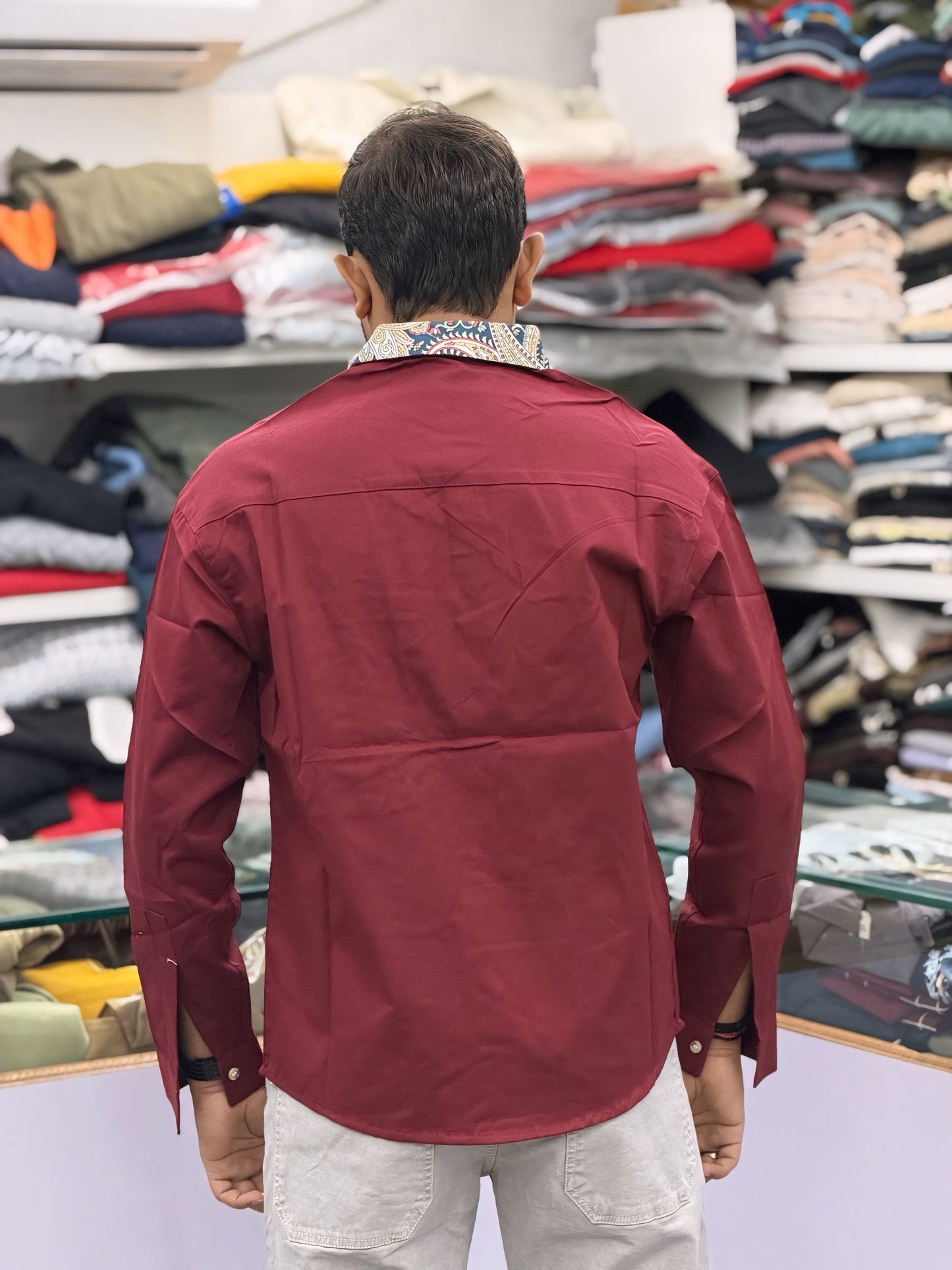 Men’s Maroon Casual Cotton Shirt with Paisley Contrast Pocket – Stylish Designer Shirt