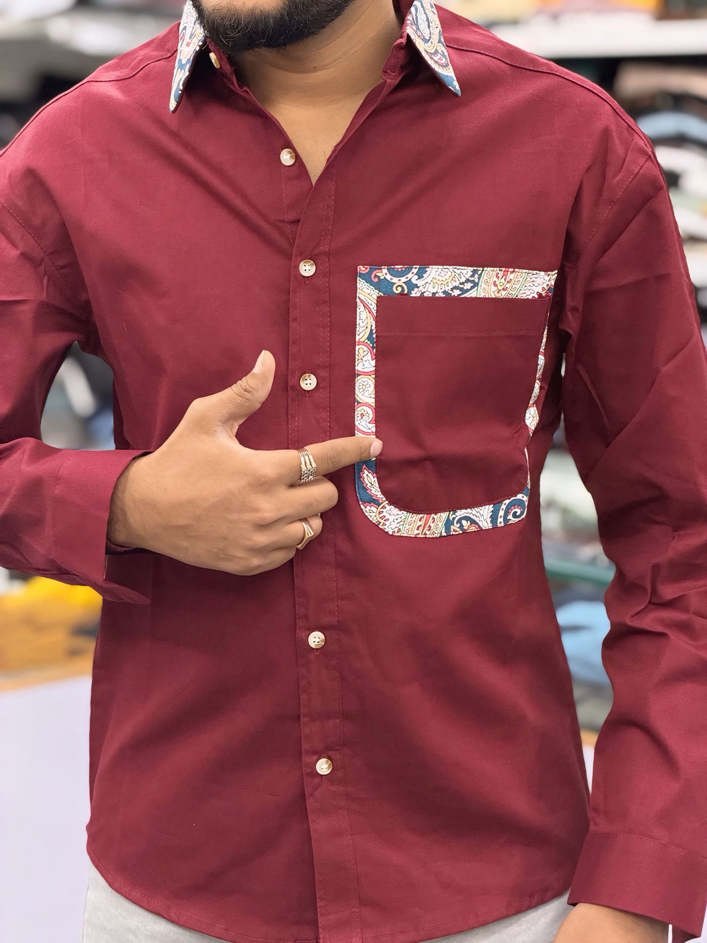 Men’s Maroon Casual Cotton Shirt with Paisley Contrast Pocket – Stylish Designer Shirt