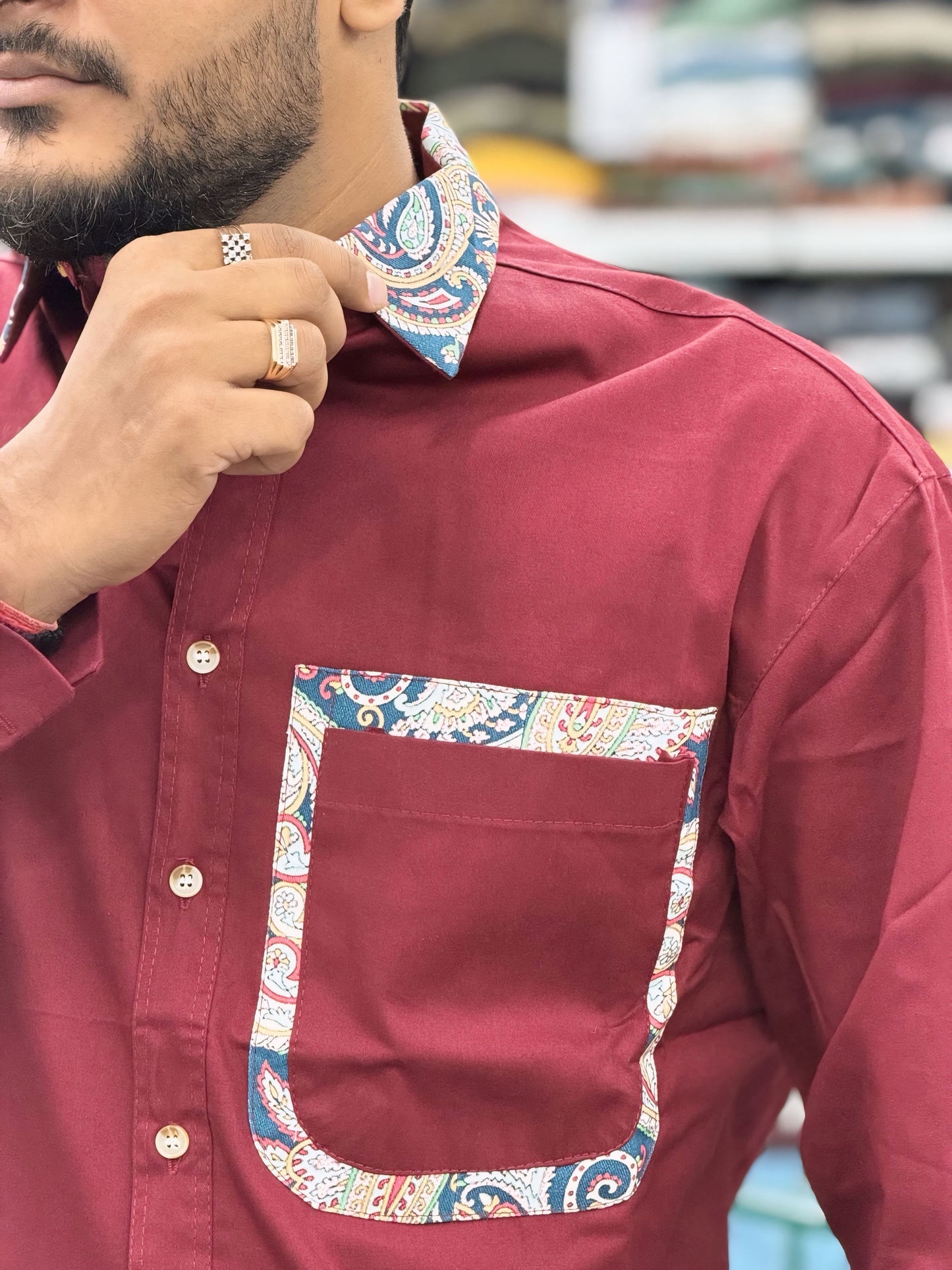 Men’s Maroon Casual Cotton Shirt with Paisley Contrast Pocket – Stylish Designer Shirt