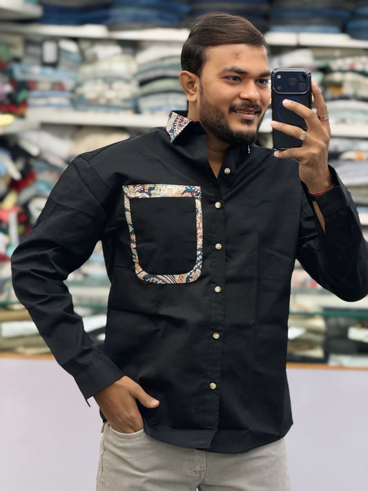 Men’s Black Casual Cotton Shirt with Paisley Contrast Pocket – Stylish Designer Shirt