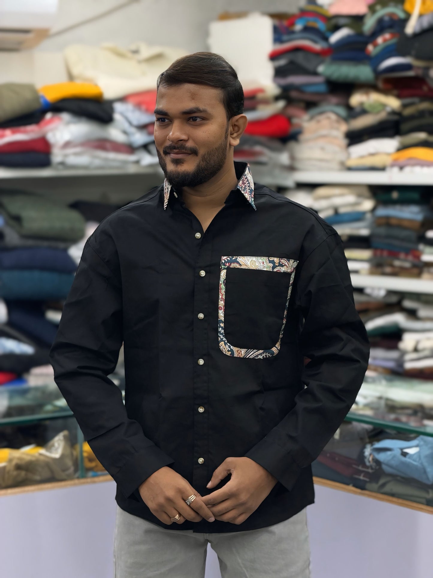 Men’s Black Casual Cotton Shirt with Paisley Contrast Pocket – Stylish Designer Shirt