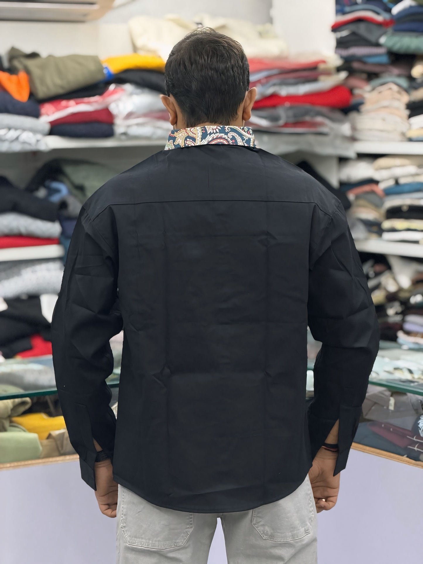 Men’s Black Casual Cotton Shirt with Paisley Contrast Pocket – Stylish Designer Shirt