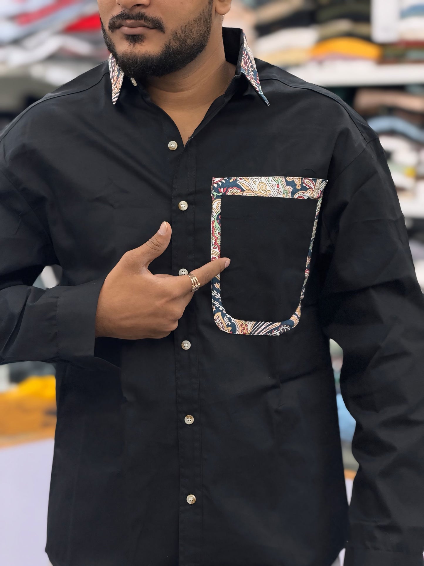 Men’s Black Casual Cotton Shirt with Paisley Contrast Pocket – Stylish Designer Shirt