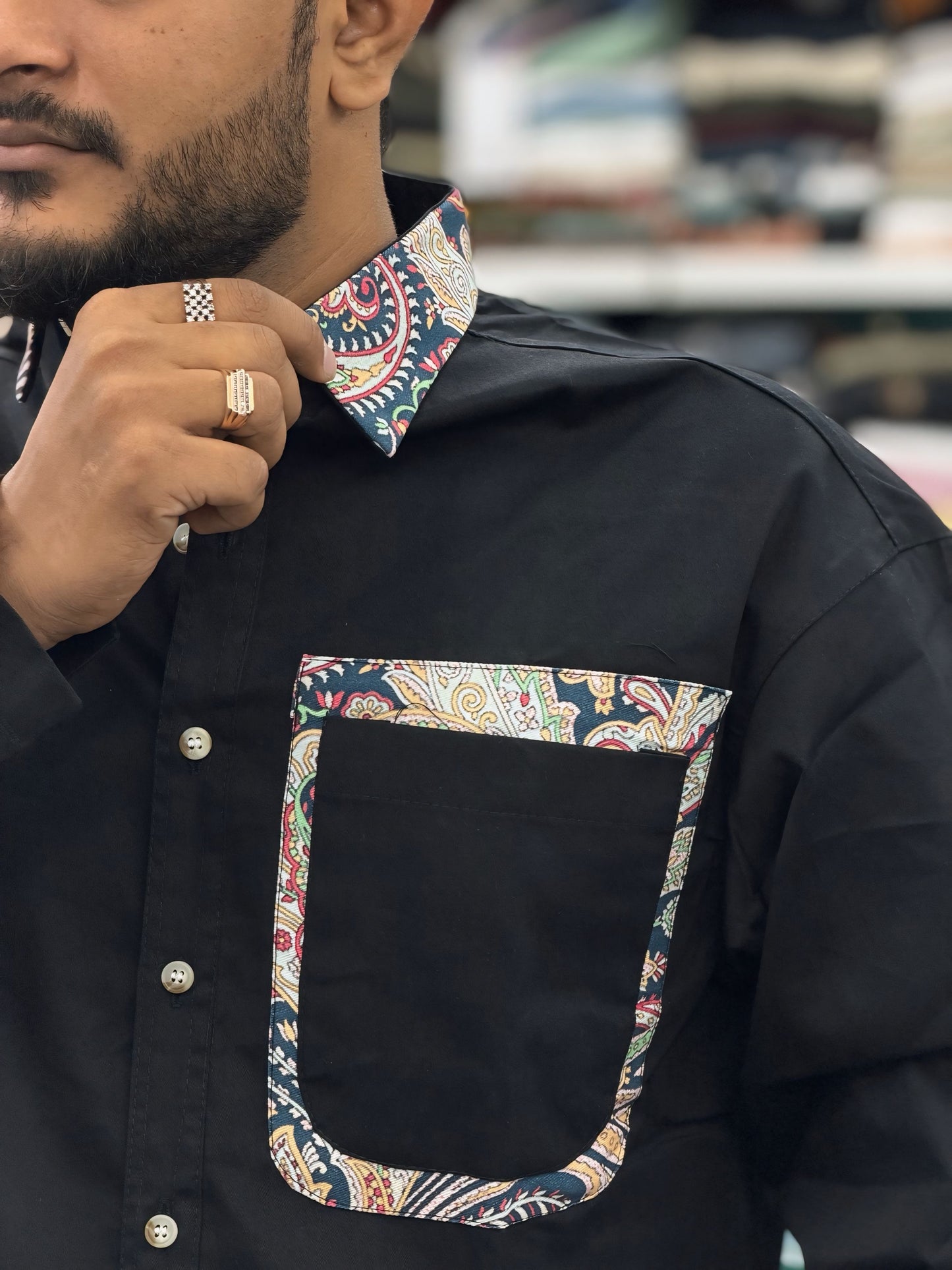 Men’s Black Casual Cotton Shirt with Paisley Contrast Pocket – Stylish Designer Shirt