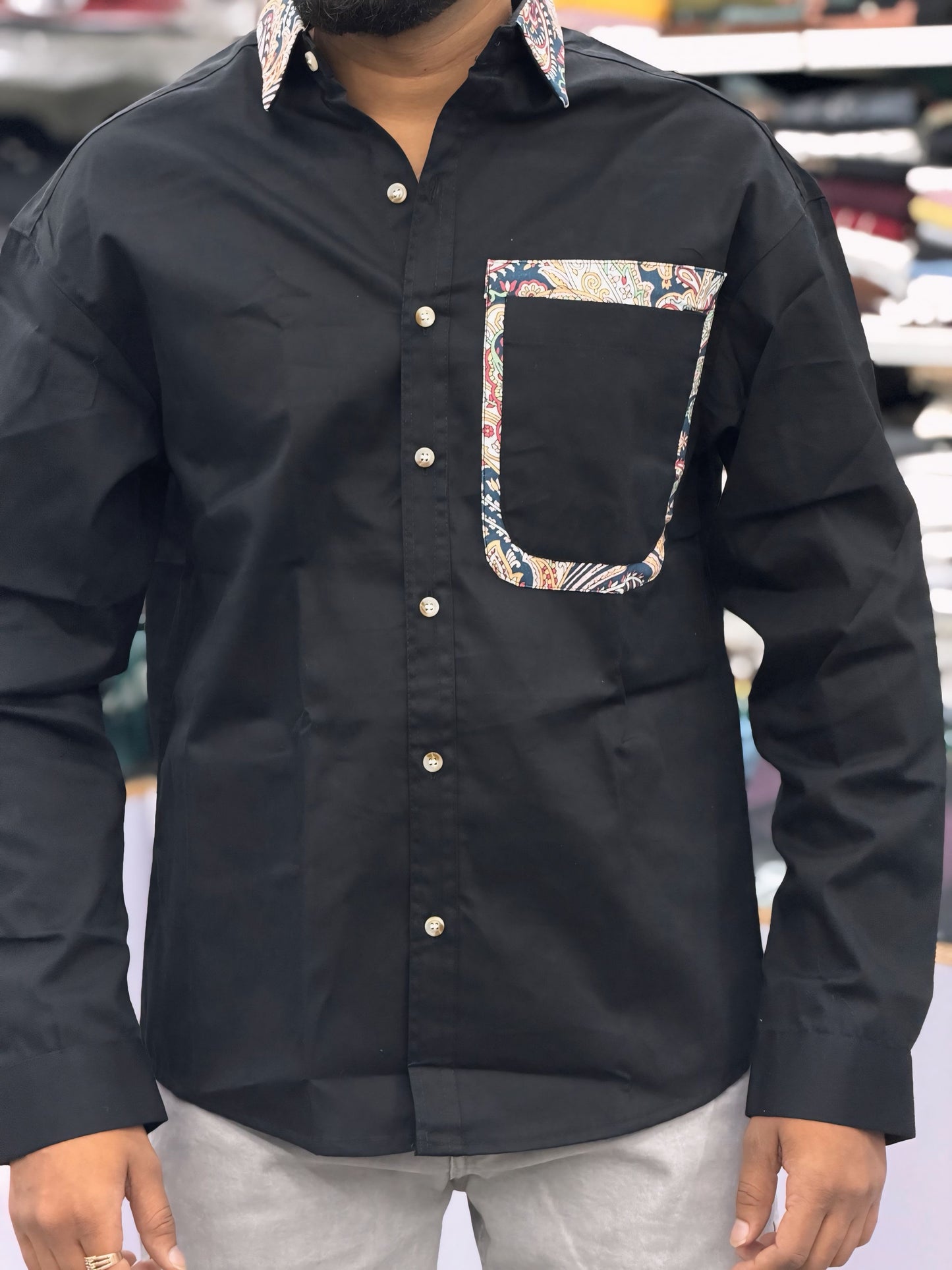 Men’s Black Casual Cotton Shirt with Paisley Contrast Pocket – Stylish Designer Shirt