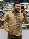 Men’s Khaki Casual Cotton Shirt with Bold Typography Print – Trendy Street Style Designer Shirt